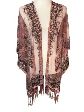 David & Young Kimono Pink Sheer One Size Open Front Embroidered Fringe Boho